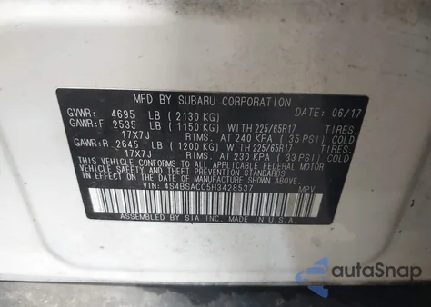 2017 Subaru Outback 2.5I Premium из США, поврежденный, VIN 4S4BSACC5H3428537